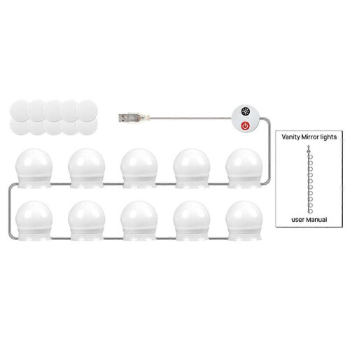 Luzes de LED para espelho de maquiagem compatíveis com USB, com 10 lâmpadas reguláveis e 3 cores ajustáveis.