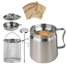 2L Stainless Steel Oil Filter Pot with Thermometer, Bacon Grease Saver, 68oz Capacity