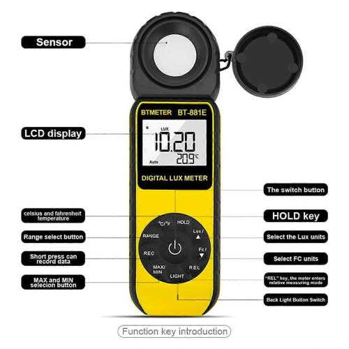 Luxímetro digital portátil BT-881E com sensor de 1 a 300.000 lux e visor LCD, compatível com Light Inte.