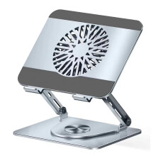 Desktop laptophouder met 360 draaibare metalen behuizing en ventilator, compatibel met universele gaming laptops met dubbele as.