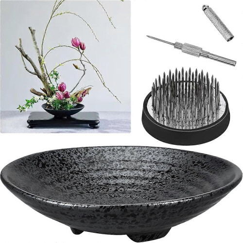 Κιτ Ikebana Γλάστρα με Λουλούδια Frog και Ισιωτικό Βελόνας - Μαύρο Flower Frog 1,8 ιντσών