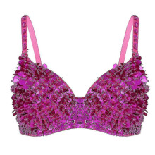 Top de sutiã acolchoado com lantejoulas brilhantes, compatível com trajes de dança do ventre femininos. Ideal para raves e festas em boates.