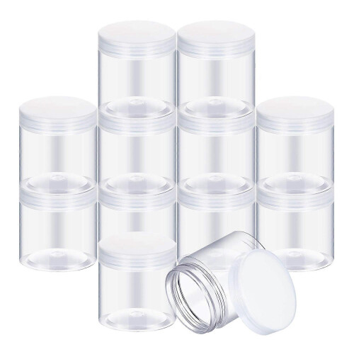 Conjunto de 12 potes plásticos vazios para temperos, com boca larga e tampa, compatíveis com produtos de beleza.