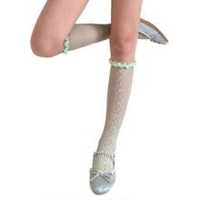 Women Hollowed Out Fishnet Knee Highs Socks Sweet Ruffle Trim Frilly Over the Calf Socks Summer Spring Long Tube Socks White