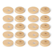 Bamboo Lids with Straw Hole, 2.76inch/70mm Canning Lids with Silicone Ring compatible with Regular Mouth Drinkin