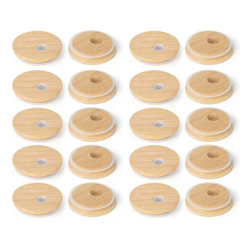 Tampas de bambu com furo para canudo, tampas para conservas de 70 mm (2,76 polegadas) com anel de silicone compatíveis com boca regular.