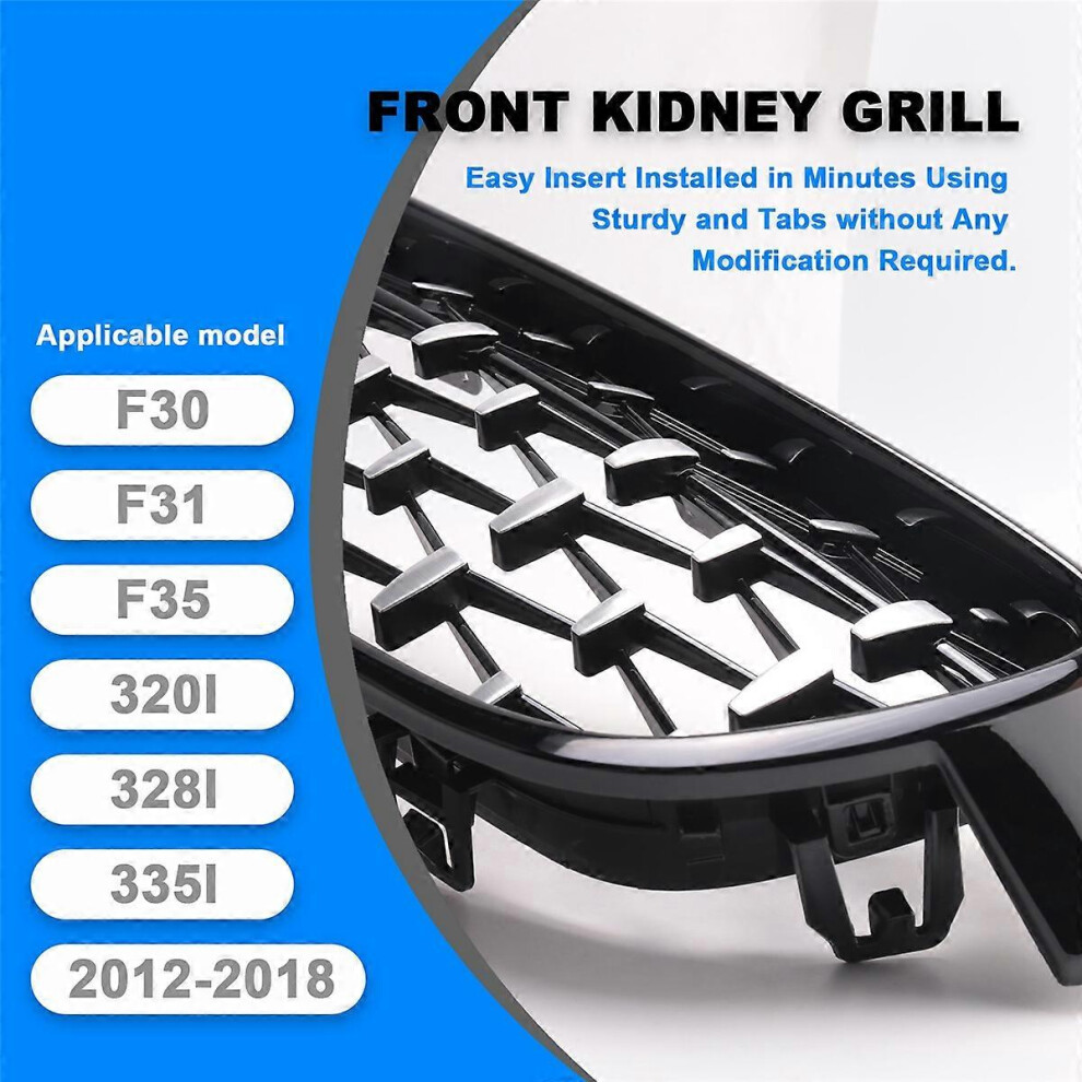 Front Kidney Grill, Front Hood Diamond Grille Meteor Grill Compatible With F30 F31 F35 320I 328I 335I 2012-2018 3732497952087