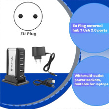 Externe hub met EU-stekker, 7 USB 2.0-poorten en een multi-socket voedingsaansluiting, compatibel met notebook-pc's.
