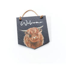 Scottish Dougal Highland Cow Slate Welcome Pennant Plaque