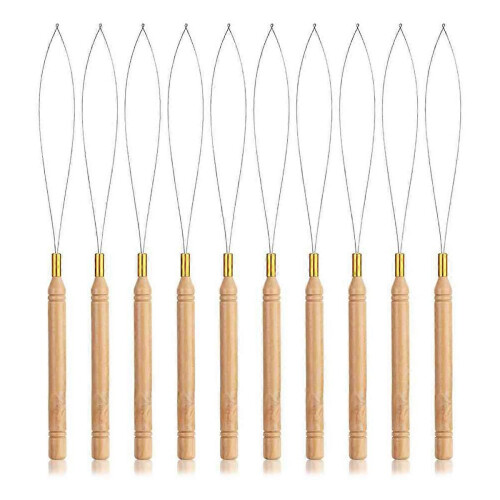 Hair Extensions Loop Needle Threader Pulling Hook, Needle Threaders with Wooden Handle Bead Threader