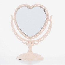 (Style1) Makeup Mirror 2 Side Comestic Rotat Stand Table Plastic Dresser Heart Shape Mirrors Cosmetic Tool-Beige