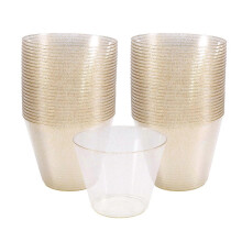 Gouden plastic bekers, transparante plastic wijnglazen, chique harde plastic bekers met gouden glitter.