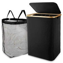 Panier à linge avec couvercle, panier à linge noir avec sac à linge amovible - Trieur de linge compatible avec salle de bain