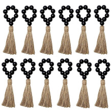 Napkin Rings Set of 12,Wooden Napkin Rings,Wood Bead Elastic Farmhouse Napkin Rings with Tassel,Boho