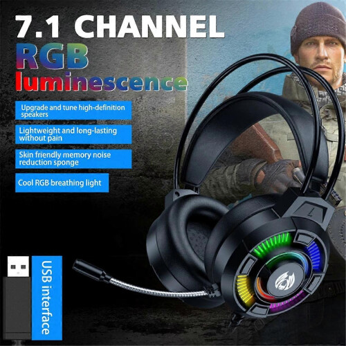 Casque de jeu stéréo 7.1 avec basses surround, éclairage RGB et réduction de bruit active. 1