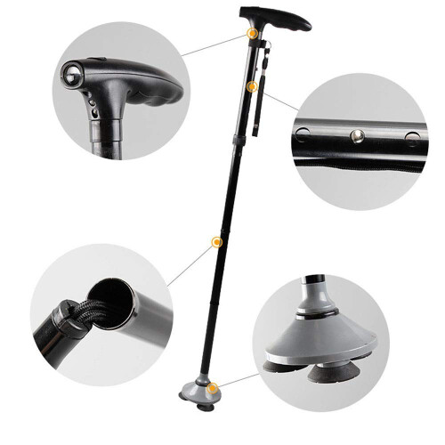 Folding Walking Cane with Quad Base, Adjustable Aluminum Walking Stick with LED Light for Seniors 1