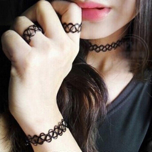Vintage Boho Tattoo Choker Ελαστικό Ελαστικό Κολιέ Δαχτυλίδι Βραχιόλι Σετ Ρετρό Χέννα 1