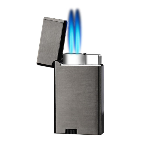 Triple Flame Torch Lighter Gray Metal Refillable Butane Windproof Design with Adjustable Blue Flame