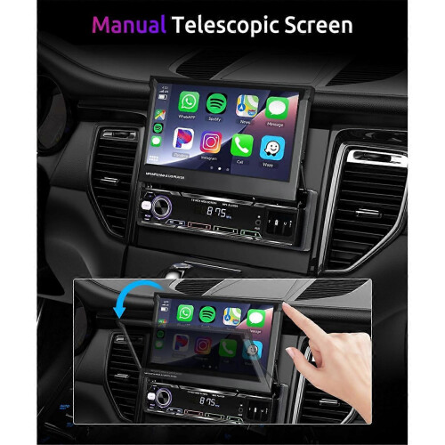 Rádio Single Din com CarPlay sem fio e Android Auto, estéreo automotivo dobrável manual de 7 polegadas com câmera de ré. 1
