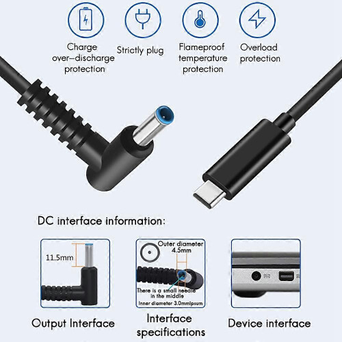 Câble de charge rapide PD Type-C pour ordinateur portable compatible avec le câble de charge HP 65W DC4530 1