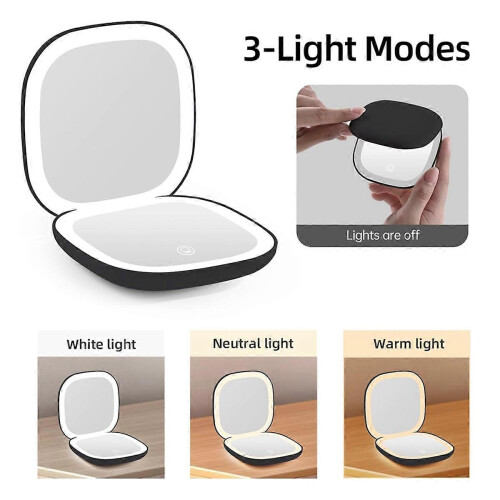 Espelho de Maquiagem de Bolso com Aumento e Luz LED, 3,5 Polegadas, Ampliação de 10x, Dupla Face, Recarregável 1