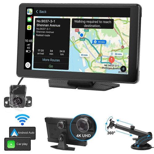Central multimídia automotiva sem fio com CarPlay, sistema de áudio portátil de 9 polegadas com câmera dupla frontal e traseira 4K+1080P. 2