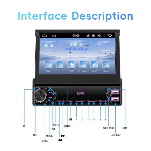 Som automotivo Single Din com CarPlay e Android Auto, tela sensível ao toque retrátil de 7 polegadas e receptor de rádio com B 2