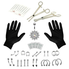 (4) 20-Piece Piercing Kit Set, 14G 16G Multi-Combination, Includes Nose Studs, Earrings, Belly Rings, Lip Rings, Professional Piercing Needles