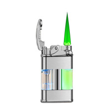 Windproof Butane Torch Lighter with Green Flame, Refillable Gas Window Design for Camping Outdoor (Silver)