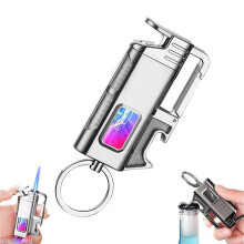 Windproof Jet Flame Keychain Lighter with Bottle Opener, Refillable Butane Metal Gift for Parents Silver
