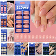 (MJJP-33-155) 120 Pcs Press on Nails Blue Box, Medium Long Fake Nails, Solid Color Reusable Press on Nails Kit for DIY Manicure