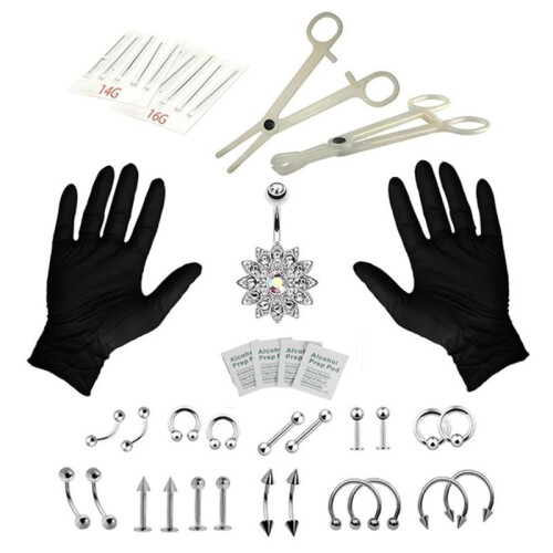 (7) 20-Piece Piercing Kit Set, 14G 16G Multi-Combination, Includes Nose Studs, Earrings, Belly Rings, Lip Rings, Professional Piercing Needles