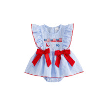 (3-6 Months, Blue) Baby Girls 4th of July Romper Dress Flag Letter Embroidery Short Sleeve Crew Neck Striped Bodysuit