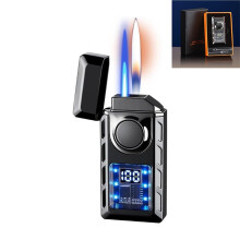Windproof Butane Lighter with Dual Flame Design, Smart Voice Control, Visible Fuel Window, Refillable Metal Gift for Men Black
