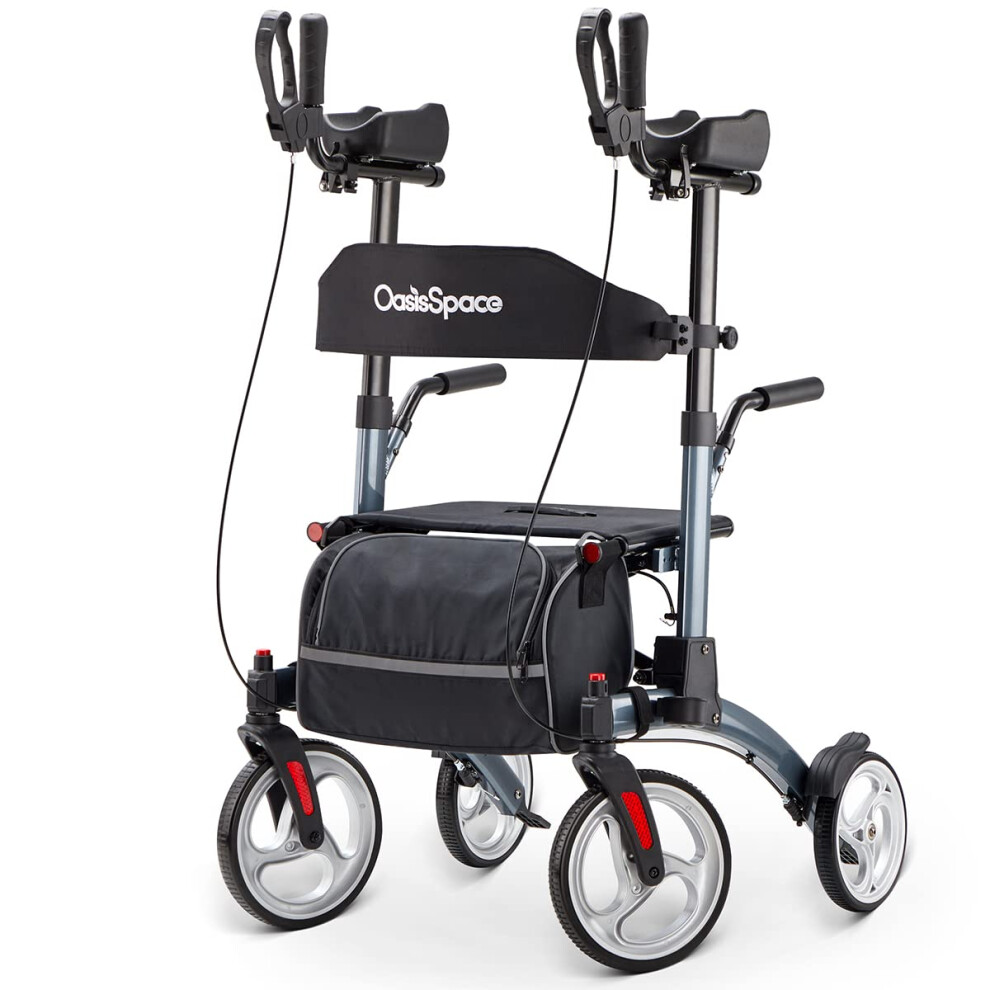 Upright Walker for Seniors with Seat and Armrests, 10Inch Wheels Foldable Rollator for Indoor Outdoor Use