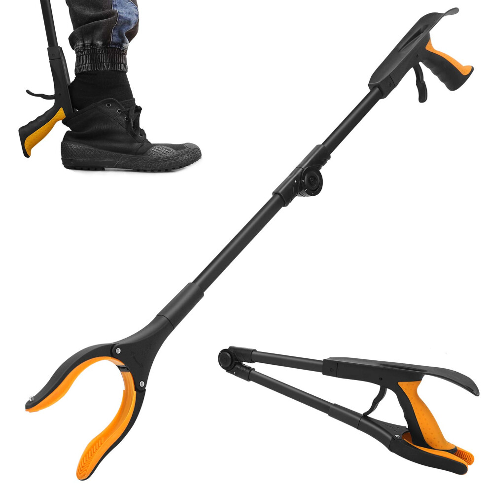 Reacher Grabber Tool 32 Inch Foldable with 90 Rotating Head AntiSlip Jaw and Shoehorn for Elderly (Yellow)