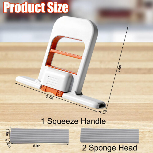 Mini Foldable Desktop Sponge Mop with OneHand Squeeze Design for Wet and Dry Cleaning, 2 Replaceable Heads 2