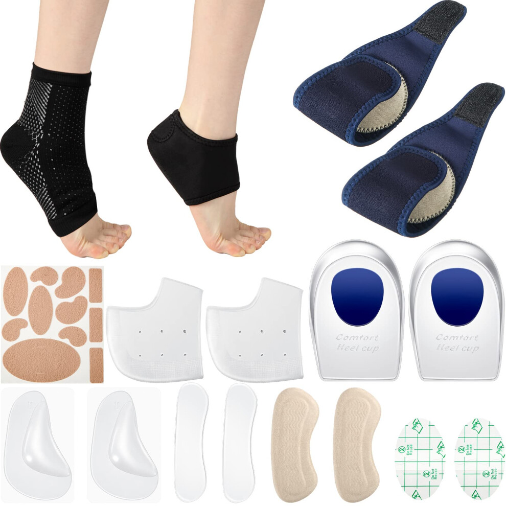 Heel Pain Relief Pads Kit with Silicone Heel Cups, Gel Heel Protectors and Compression Socks for Heel Spur and Achilles Pain