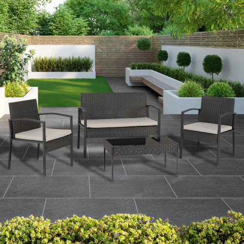 Seconique Cedar 4Pc Garden Set - Grey Fabric/Black Glass 1