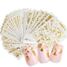 Pegatinas doradas para uñas, decoraciones metálicas 3D para uñas, diseño de flores, hojas y encaje.