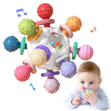 Gryzak dla niemowląt od 3 miesięcy, sensoryczna grzechotka z piłeczką do chwytania, silikonowa zabawka dla niemowląt, zabawka Montessori