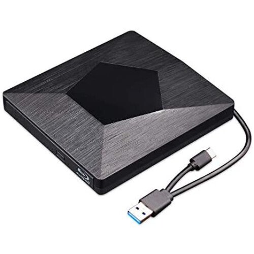 Leitor de Blu-ray externo 3D, ultrafino, USB 3.0 e Type-C, para Mac OS, Windows XP/7/8/10 e laptops (preto).