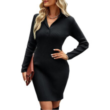Rochie pulover pentru femei, rochie creion slim fit cu nervuri, rochie simplă tricotată cu mânecă lungă, guler cu rever și nasturi