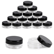 Conjunto de 60 pequenos frascos de plástico com tampas pretas, etiquetas incluídas, 3 ml cada.