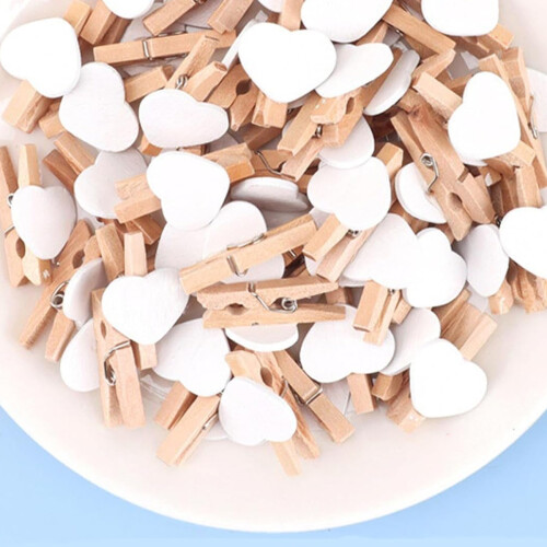 Pakke med 80 hjerteklesklyper, mini-klesklyper i tre, hvite 2