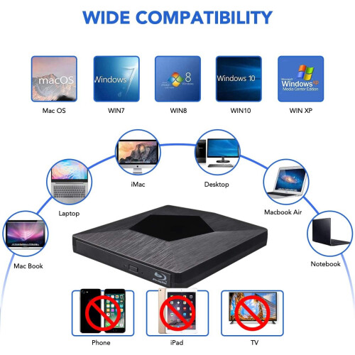 Leitor de Blu-ray externo 3D, ultrafino, USB 3.0 e Type-C, para Mac OS, Windows XP/7/8/10 e laptops (preto). 1