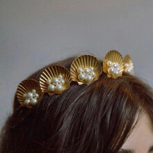Stylish Goddess Tiara, Ocean Headwear With Faux Pearl Embellishment For Wedding Party, Golden Seashell Adornment