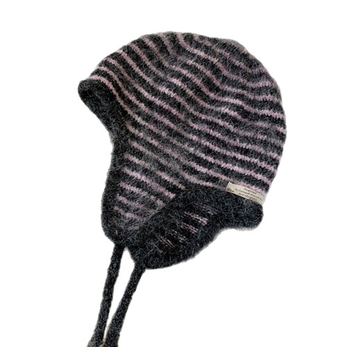 Soft Knitting Stripe Hat Protective Ear Flap Warm-pink stripes