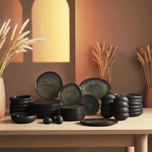 Karaca Earth Collection New Galactic Reactive Glaze 55-Piece Dinner Set for 12 People, Black
