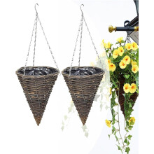 2 Pack Handwoven Rattan Hanging Basket Planter with Liner and Chain, Cone Flower Pot for Indoor Outdoor Garden